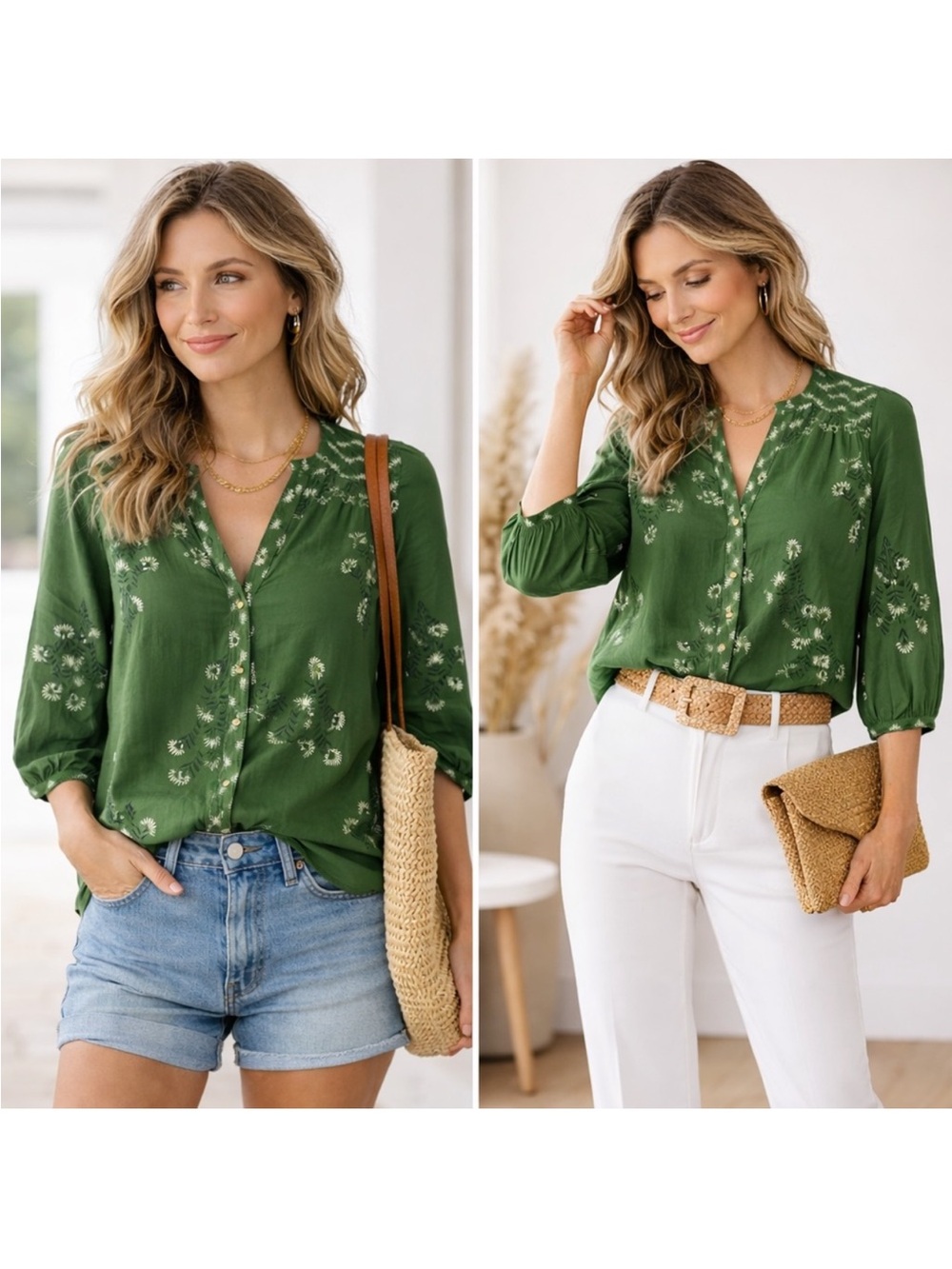Knox Rose Green Cream Floral Print Button Down V-neck Top Medium Cotton Blend